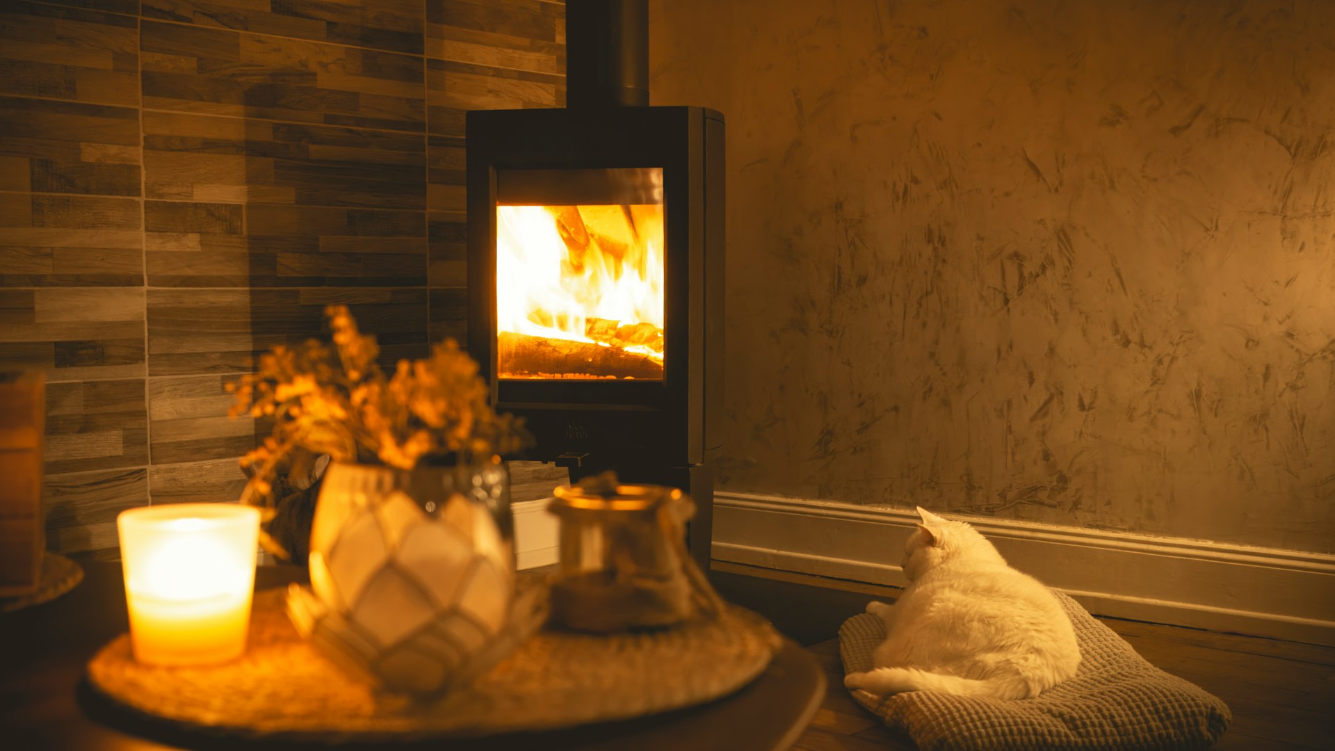 a cat sitting on a table next to a fireplace